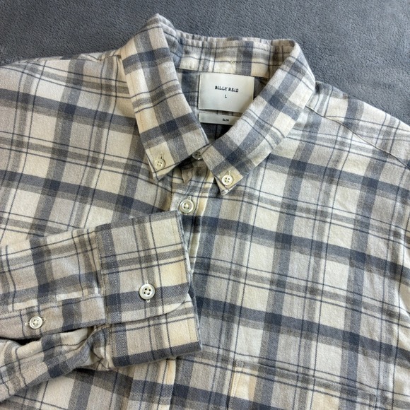 Billy Reid Other - Billy Reid Men's Slim Fit Plaid Button Down‎ Shirt Grey Cream Cotton Wool Large